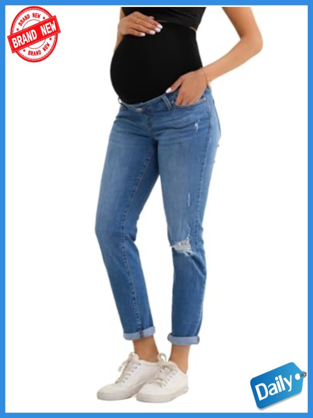 Maternity Boyfriend Jeans Over Belly Stretchy Ripped Denim Pants 4 Pockets